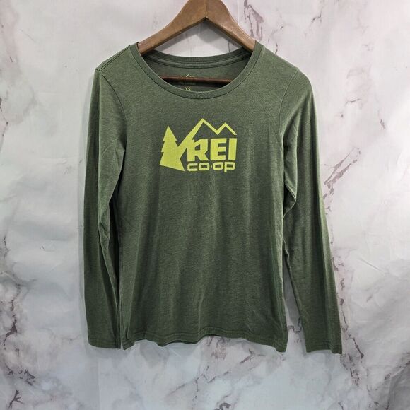 REI Co Op T Shirt Womens XS Green Long Sleeve Crew Employee Uniform Logo Tee - Picture 1 of 10
